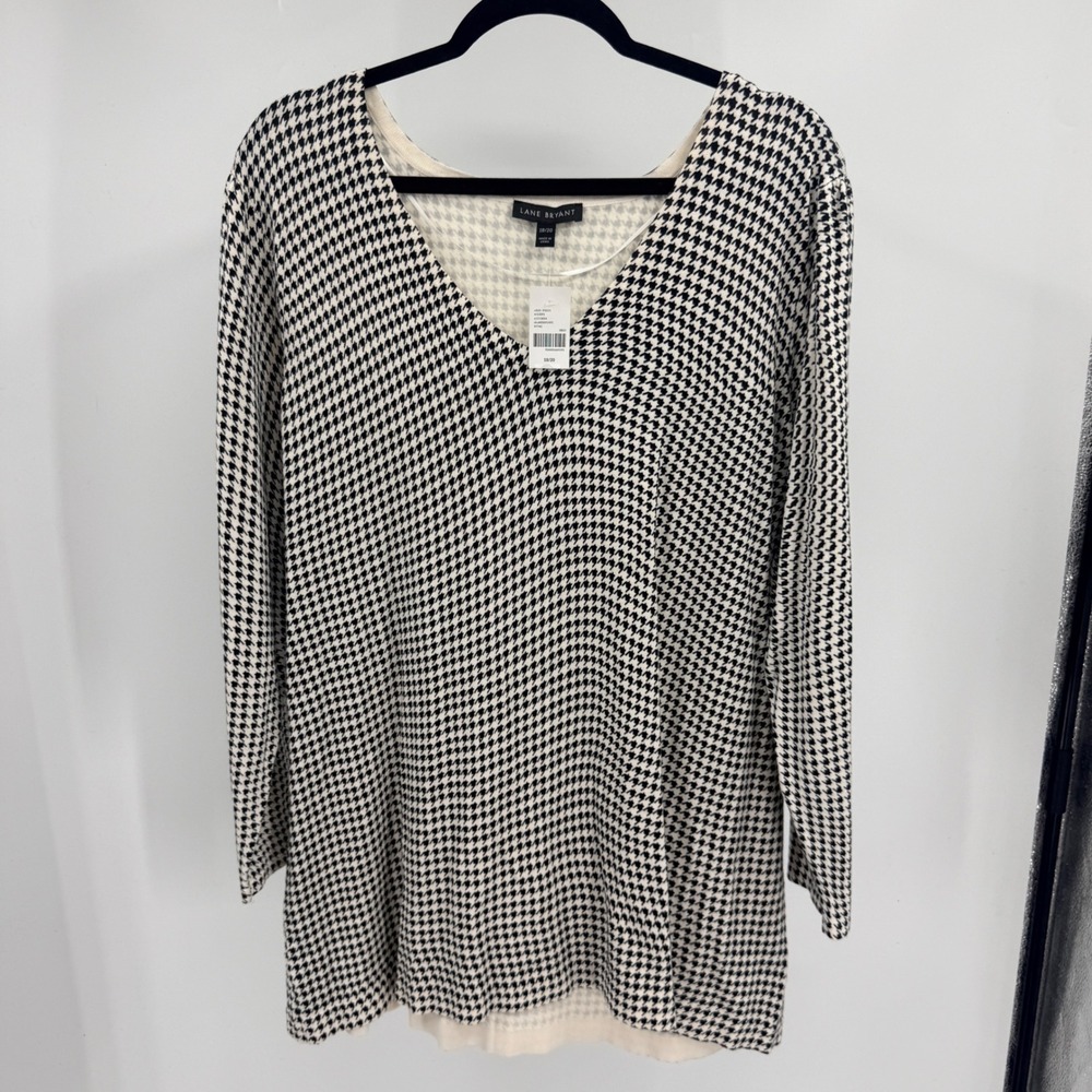 Lane Bryant Houndstooth V-Neck Pullover Sweater Black White Plus Size 18/20 NEW